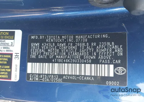 2009 Toyota Camry Le from USA, damaged, VIN 4T1BE46K29U330458